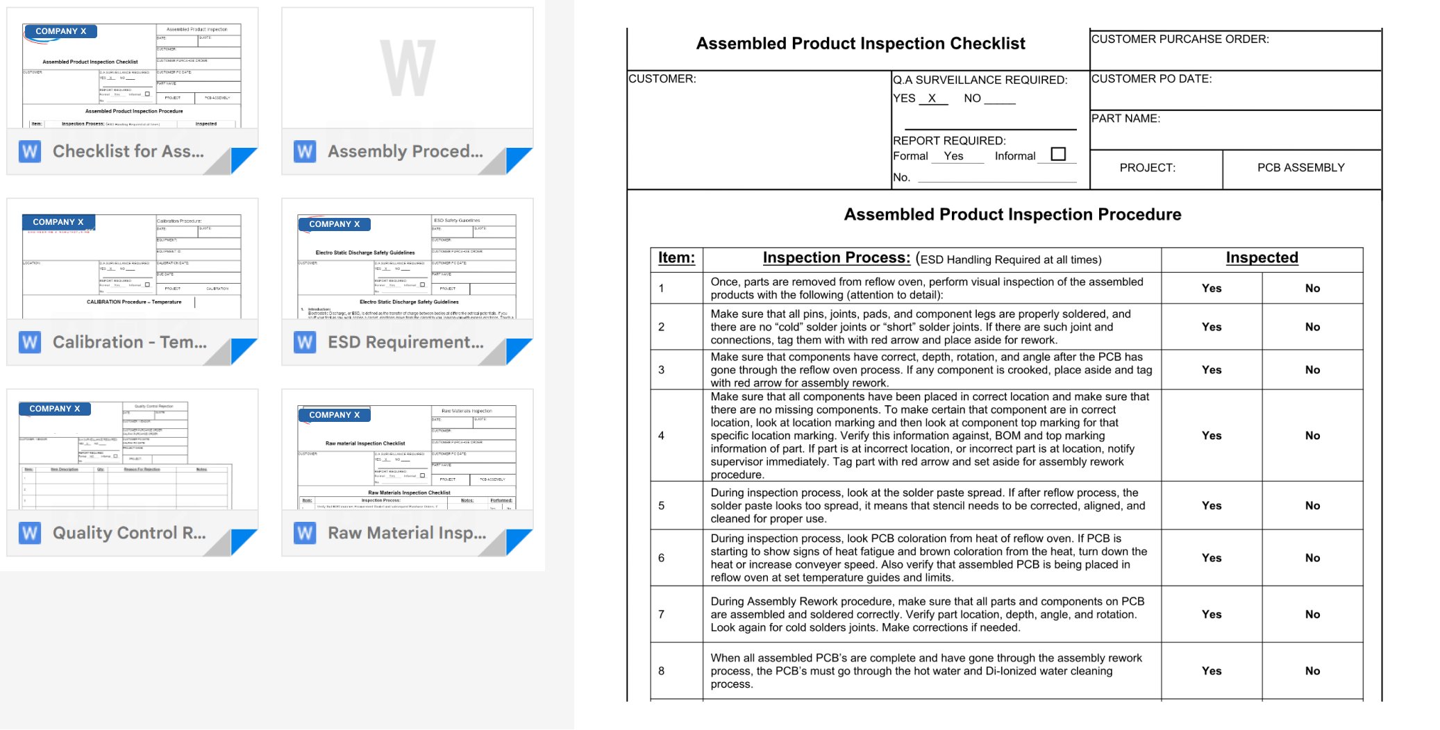 Samples of the documents that kept records of each step of the manufacturing process at this company.